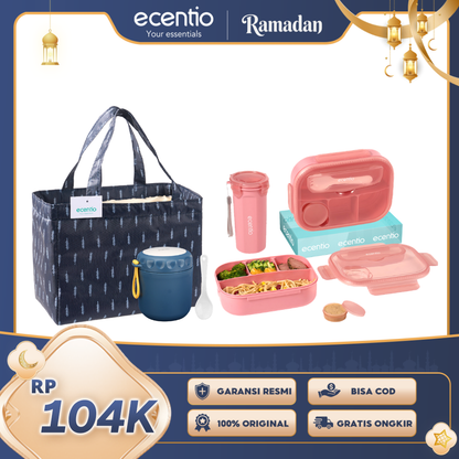 【Buy 1 Get 4】ecentio Daily Bekal Set — Lunch Box 4 Sekat + Botol Minum Set + Tas Makan Besar + Soup Cup