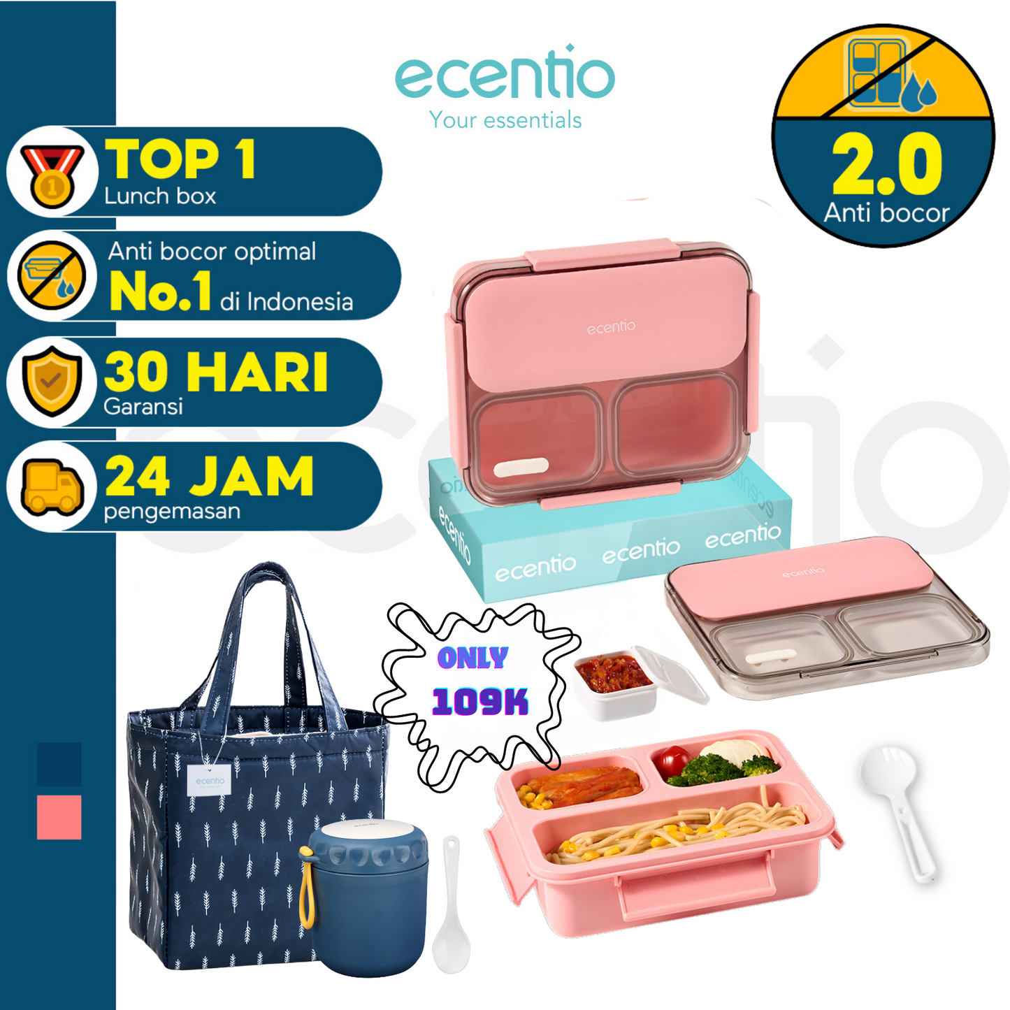 【Buy 1 Get 3】【Anti Tumpah 2.0】ecentio lunch box 1150ml sekat 3 dengan kotak sauce BPA free tempat makan