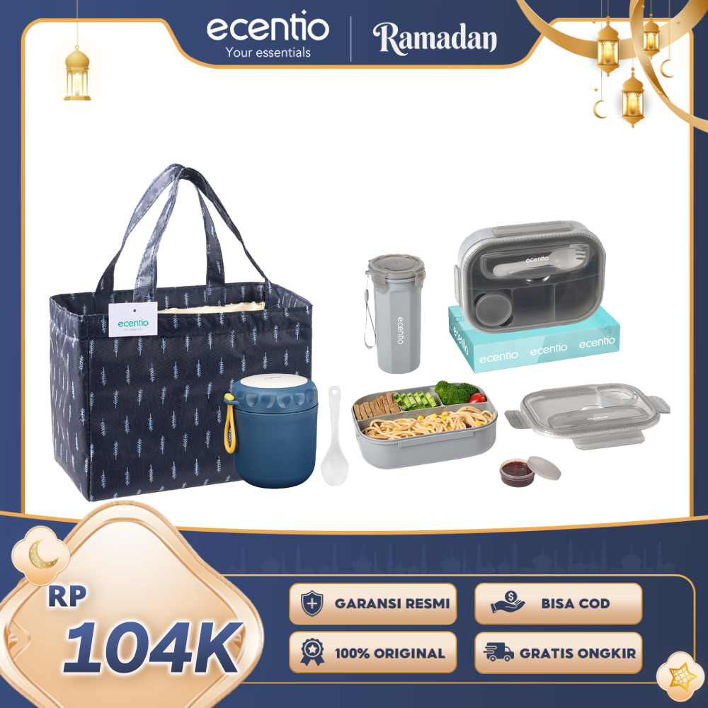 【Buy 1 Get 4】ecentio Daily Bekal Set — Lunch Box 4 Sekat + Botol Minum Set + Tas Makan Besar + Soup Cup