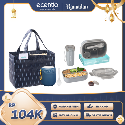 【Buy 1 Get 4】ecentio Daily Bekal Set — Lunch Box 4 Sekat + Botol Minum Set + Tas Makan Besar + Soup Cup