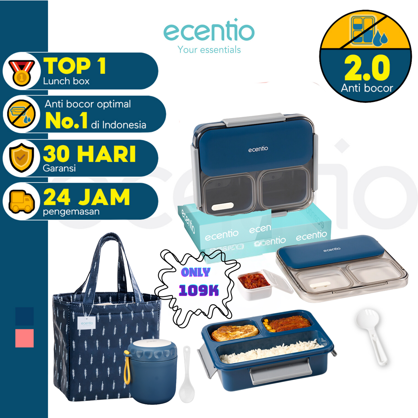 【Buy 1 Get 3】【Anti Tumpah 2.0】ecentio lunch box 1150ml sekat 3 dengan kotak sauce BPA free tempat makan