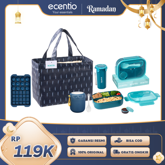 【Buy 1 Get 5】ecentio Fresh Bekal & Drink Set — Lunch Box 4 Sekat + Botol + Tas Makan Besar + Soup Cup + Ice Tray 32 Grid