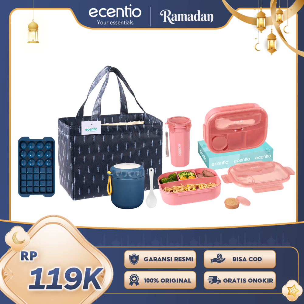 【Buy 1 Get 5】ecentio Fresh Bekal & Drink Set — Lunch Box 4 Sekat + Botol + Tas Makan Besar + Soup Cup + Ice Tray 32 Grid