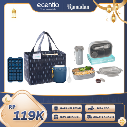 【Buy 1 Get 5】ecentio Fresh Bekal & Drink Set — Lunch Box 4 Sekat + Botol + Tas Makan Besar + Soup Cup + Ice Tray 32 Grid