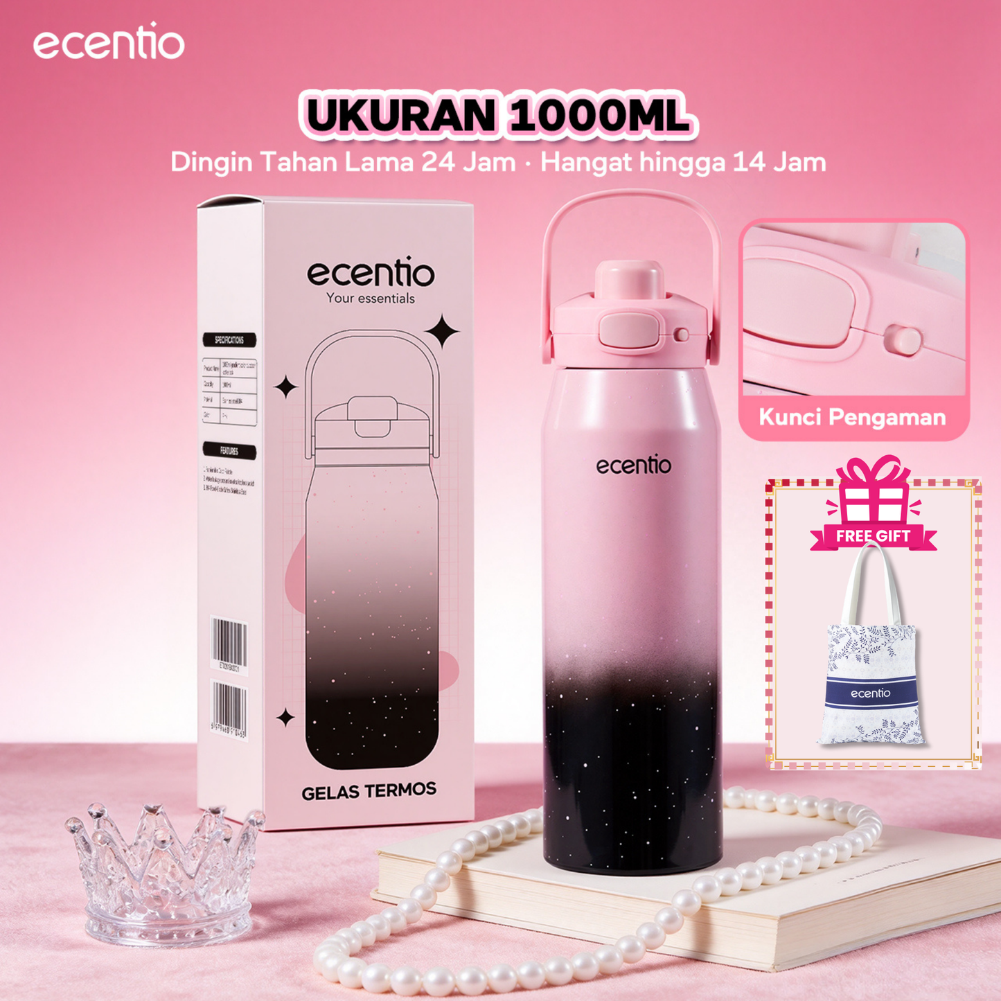 【Free gift】ecentio Tumbler Stainless BLACKPINK Portable Botol Minum Aesthetic Anti Bocor 510ml 530ml 1000ml Dingin Tahan Lama 24 Jam Hangat hingga 14 Jam Starry Gradient Series untuk Harian Kantor Sekolah