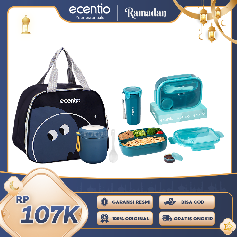 【Buy 1 Get 4】ecentio Daily Bekal Set — Lunch Box 4 Sekat + Botol Minum Set + Tas Bekal + Soup Cup
