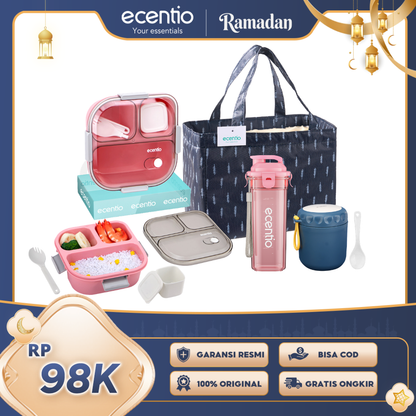 【Buy 1 Get 4】ecentio Bekal Set 4in1 — Lunch Box 3 Sekat 1100ml + Botol Infuser 500ml + Tas Makan + Soup Cup