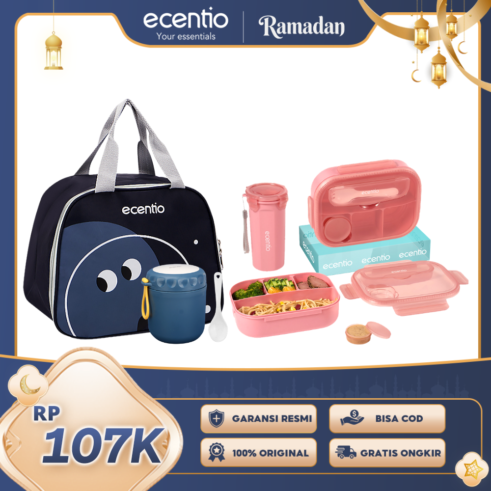 【Buy 1 Get 4】ecentio Daily Bekal Set — Lunch Box 4 Sekat + Botol Minum Set + Tas Bekal + Soup Cup