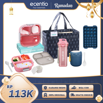 【Buy 1 Get 5】ecentio Bekal Set 5in1 — Lunch Box 3 Sekat 1100ml + Botol Infuser 500ml + Tas Makan + Soup Cup+Ice Tray 32 Grid