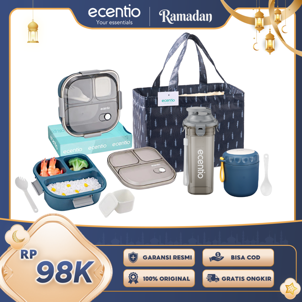 【Buy 1 Get 4】ecentio Bekal Set 4in1 — Lunch Box 3 Sekat 1100ml + Botol Infuser 500ml + Tas Makan + Soup Cup