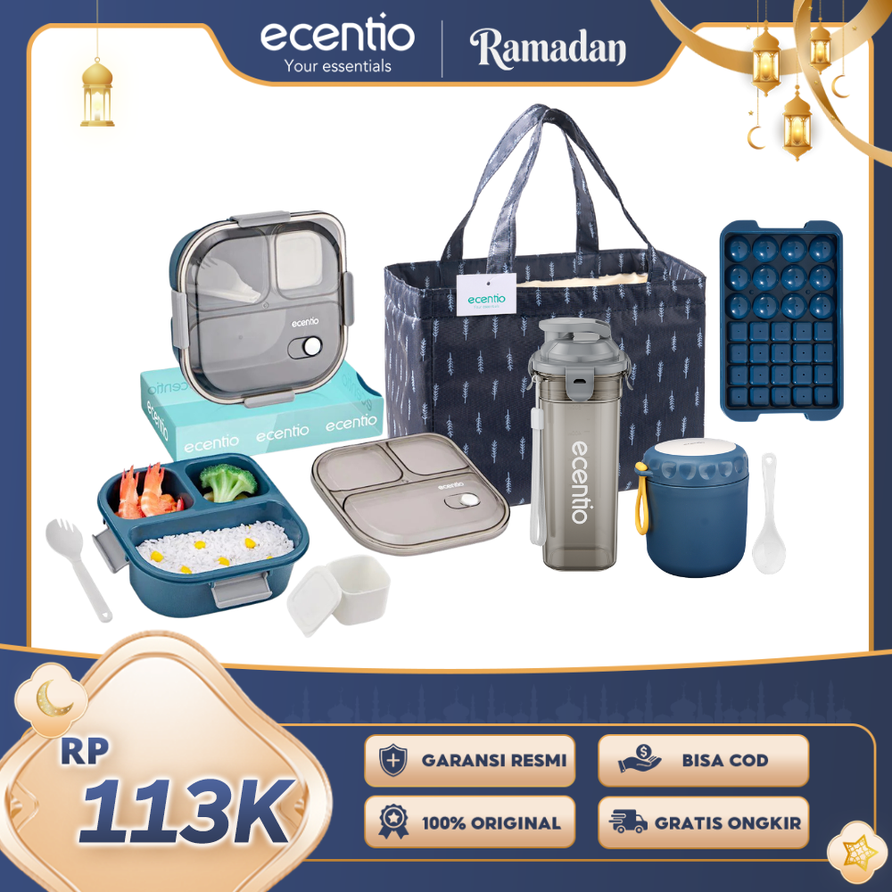 【Buy 1 Get 5】ecentio Bekal Set 5in1 — Lunch Box 3 Sekat 1100ml + Botol Infuser 500ml + Tas Makan + Soup Cup+Ice Tray 32 Grid