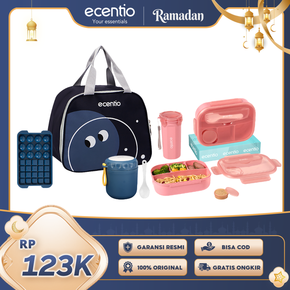 【Buy 1 Get 5】ecentio Fresh Bekal & Drink Set — Lunch Box 4 Sekat + Botol + Tas Bekal + Soup Cup + Ice Tray 32 Grid
