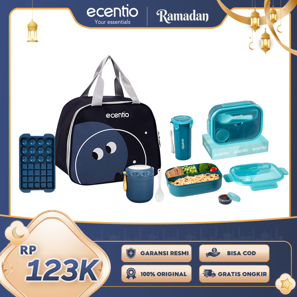 【Buy 1 Get 5】ecentio Fresh Bekal & Drink Set — Lunch Box 4 Sekat + Botol + Tas Bekal + Soup Cup + Ice Tray 32 Grid