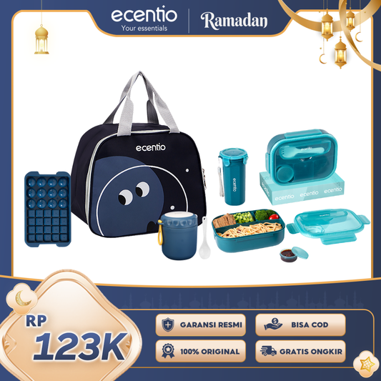 【Buy 1 Get 5】ecentio Fresh Bekal & Drink Set — Lunch Box 4 Sekat + Botol + Tas Bekal + Soup Cup + Ice Tray 32 Grid
