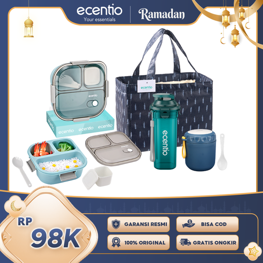 【Buy 1 Get 4】ecentio Bekal Set 4in1 — Lunch Box 3 Sekat 1100ml + Botol Infuser 500ml + Tas Makan + Soup Cup