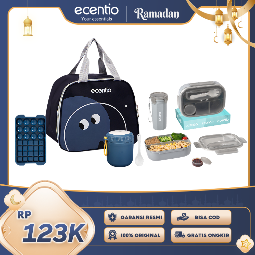 【Buy 1 Get 5】ecentio Fresh Bekal & Drink Set — Lunch Box 4 Sekat + Botol + Tas Bekal + Soup Cup + Ice Tray 32 Grid