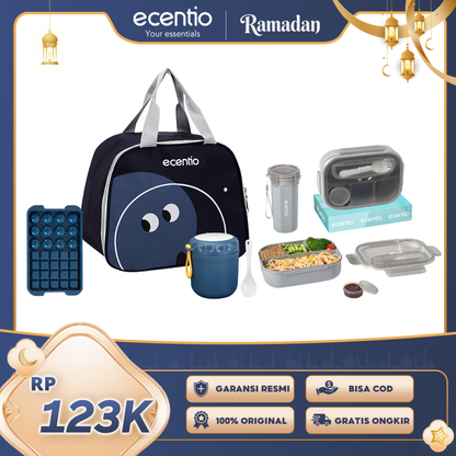 【Buy 1 Get 5】ecentio Fresh Bekal & Drink Set — Lunch Box 4 Sekat + Botol + Tas Bekal + Soup Cup + Ice Tray 32 Grid