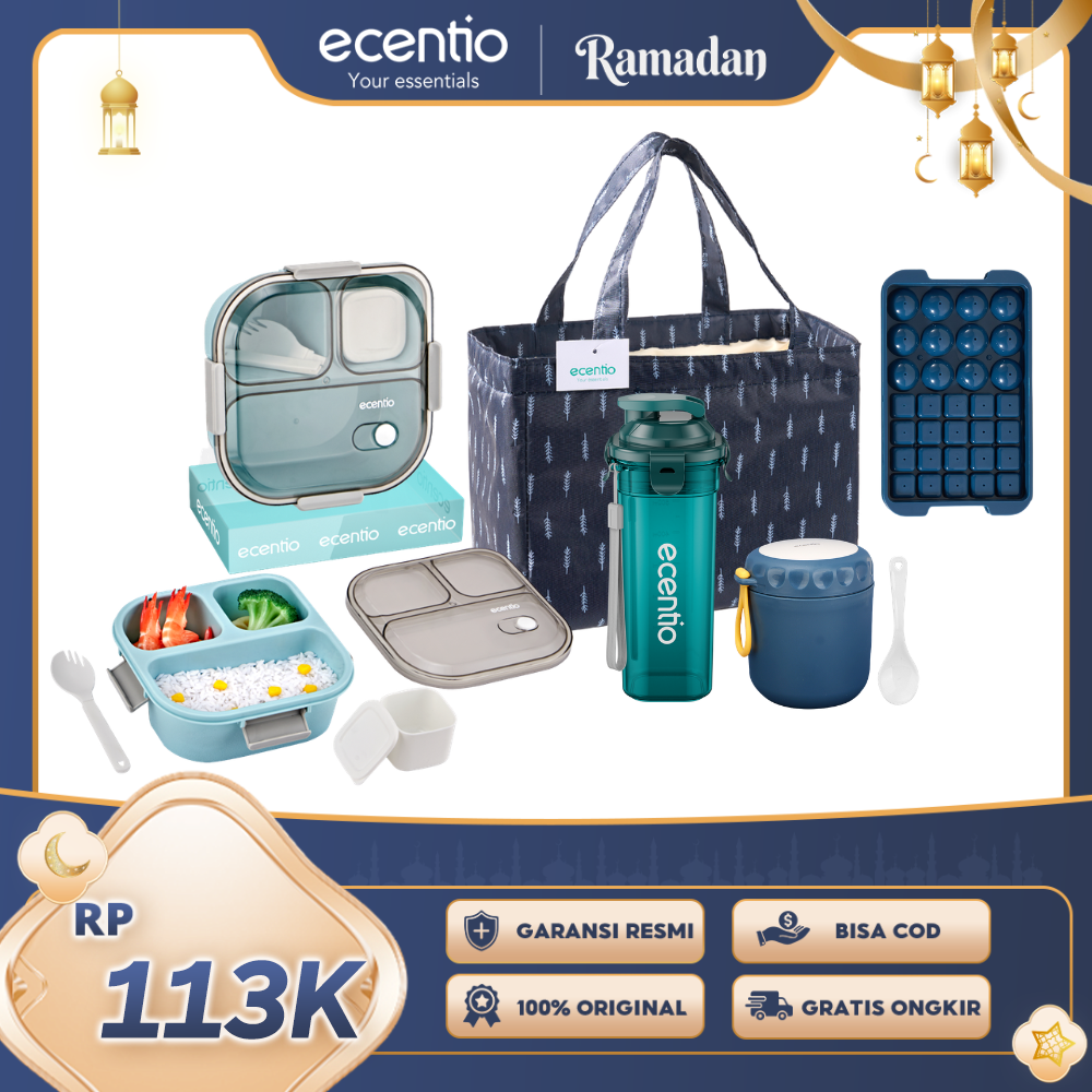 【Buy 1 Get 5】ecentio Bekal Set 5in1 — Lunch Box 3 Sekat 1100ml + Botol Infuser 500ml + Tas Makan + Soup Cup+Ice Tray 32 Grid