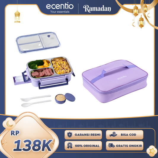 【2.0 Anti Tumpah】ecentio Lunch Box Stainless 3 Sekat 800ml+Tas Makan Besar