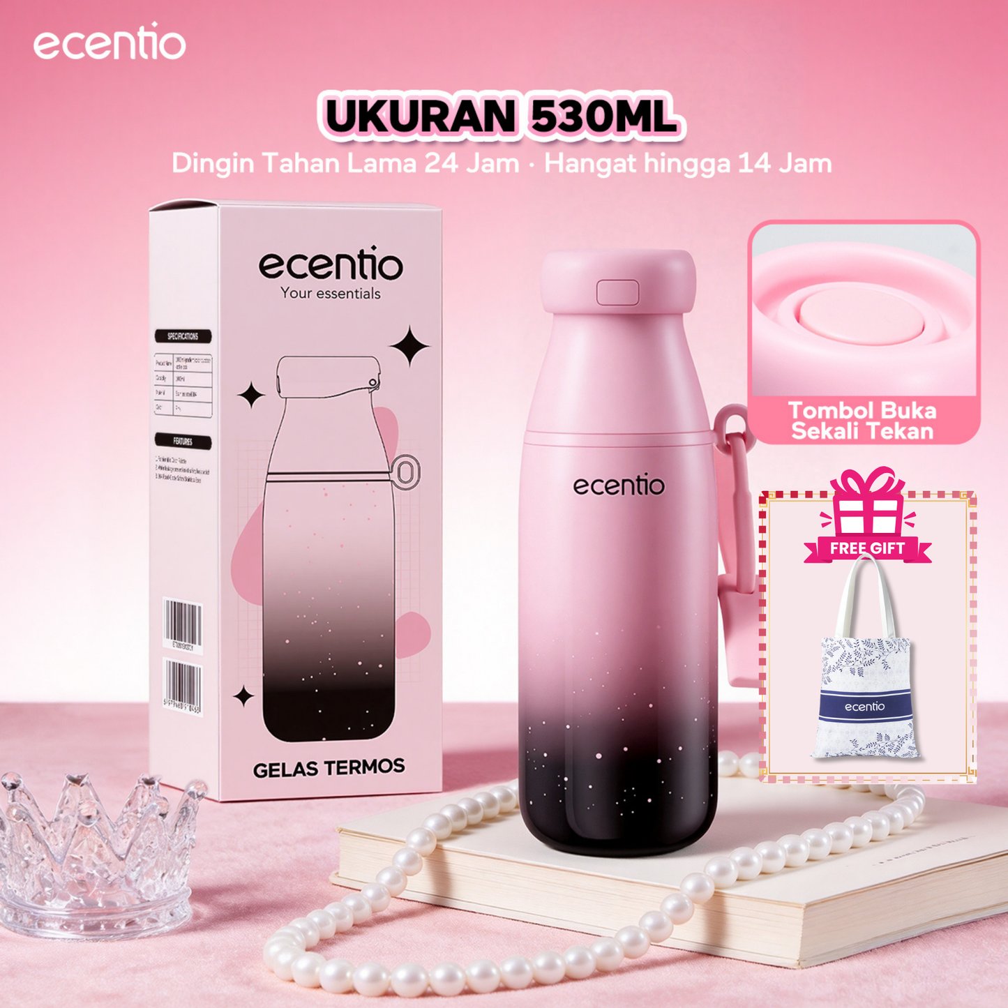 【Free gift】ecentio Tumbler Stainless BLACKPINK Portable Botol Minum Aesthetic Anti Bocor 510ml 530ml 1000ml Dingin Tahan Lama 24 Jam Hangat hingga 14 Jam Starry Gradient Series untuk Harian Kantor Sekolah