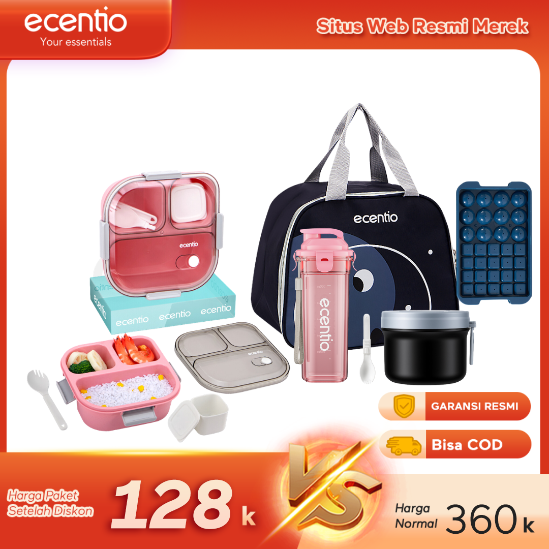 【Buy 1 Get 5】ecentio Bekal Set 5in1 — Lunch Box 3 Sekat 1100ml + Botol Infuser 500ml + Tas Bekal + Soup pot 304 stainless steel+Ice Tray 32 Grid