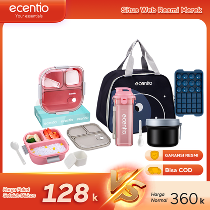 【Buy 1 Get 5】ecentio Bekal Set 5in1 — Lunch Box 3 Sekat 1100ml + Botol Infuser 500ml + Tas Bekal + Soup pot 304 stainless steel+Ice Tray 32 Grid