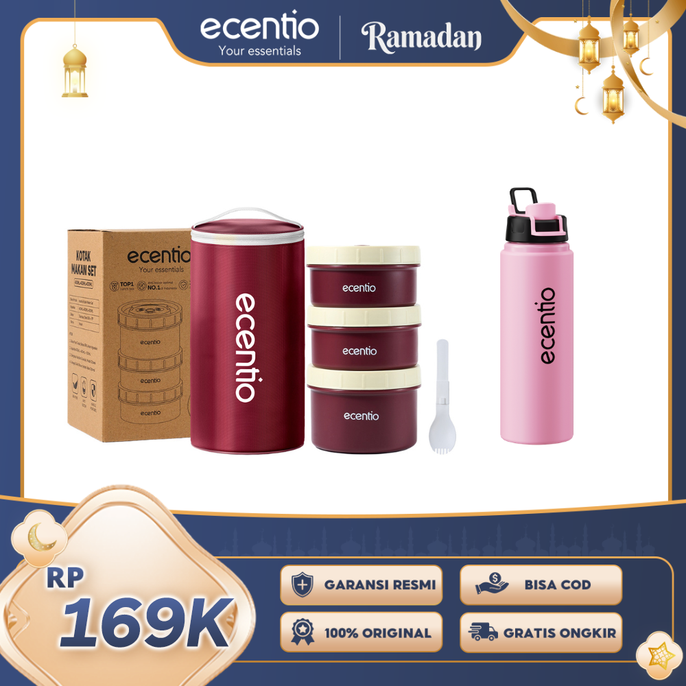 ecentio Ramadhan Pink Gift Set — Lunch Box Stainless 3pcs + Tas Makan + Tumbler