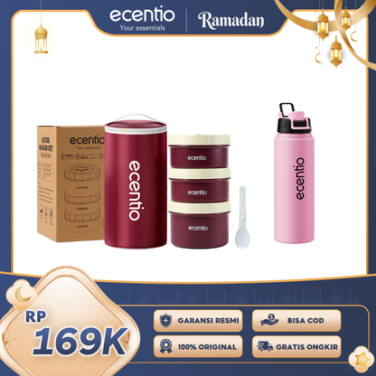 ecentio Ramadhan Pink Gift Set — Lunch Box Stainless 3pcs + Tas Makan + Tumbler