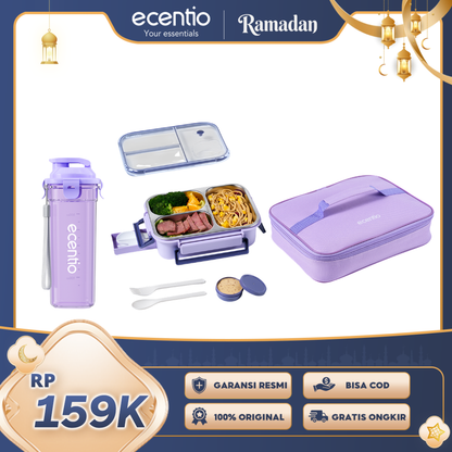 【Buy 1 get 3】ecentio Lunch Box Stainless 3 Sekat 800ml 2.0 Anti Tumpah +Tas Makan Besar+Botol
