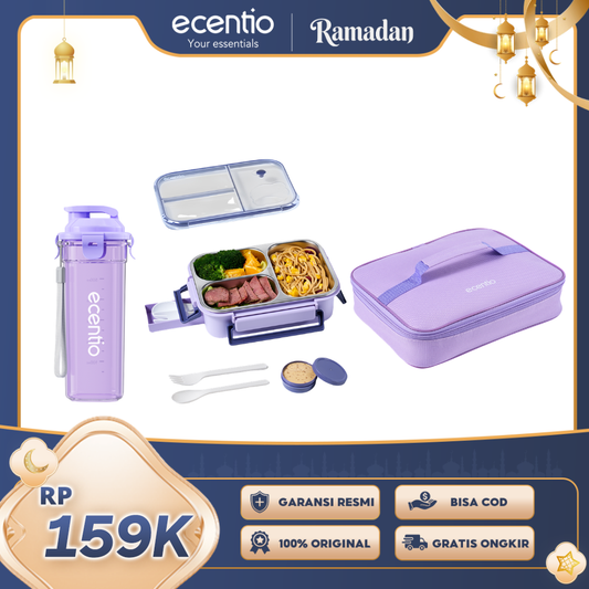 【Buy 1 get 3】ecentio Lunch Box Stainless 3 Sekat 800ml 2.0 Anti Tumpah +Tas Makan Besar+Botol