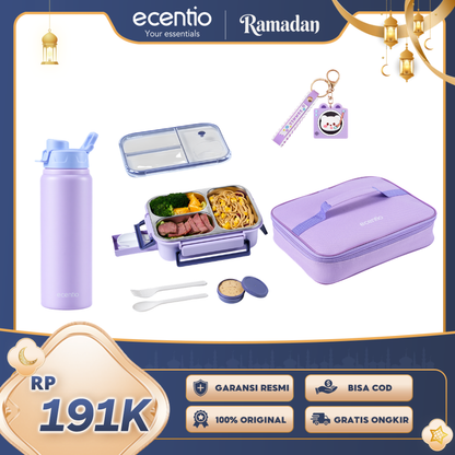 【Buy 1 get 4】ecentio Purple Aesthetic Bekal Set — Lunch Box Stainless 800ml + Tas Makan + Botol 750ml + Strap Cute