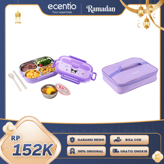 【ecentio Purple Aesthetic Bekal Set】ecentio Kotak Bekal 4 Grid Stainless Steel 304 1000ml Bento Box Kapasitas Besar Kedap & Anti Bocor Kotak Makan Khusus untuk Kerja & Sekolah Dilengkapi garpu & sendok
