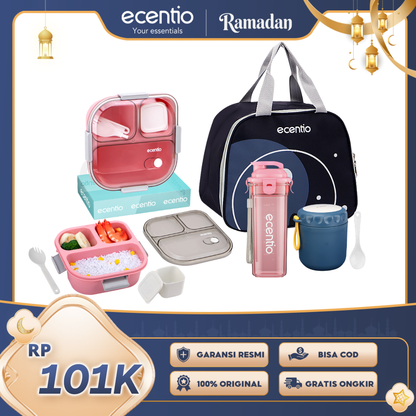 【Buy 1 Get 4】ecentio Bekal Set 4in1 — Lunch Box 3 Sekat 1100ml + Botol Infuser 500ml + Tas Bekal + Soup Cup