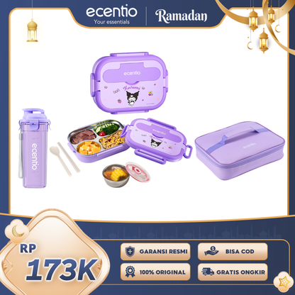 【ecentio Purple Aesthetic Bekal Set】ecentio Kotak Bekal 4 Grid Stainless Steel 304 1000ml Bento Box Kapasitas Besar Kedap & Anti Bocor Kotak Makan Khusus untuk Kerja & Sekolah Dilengkapi garpu & sendok