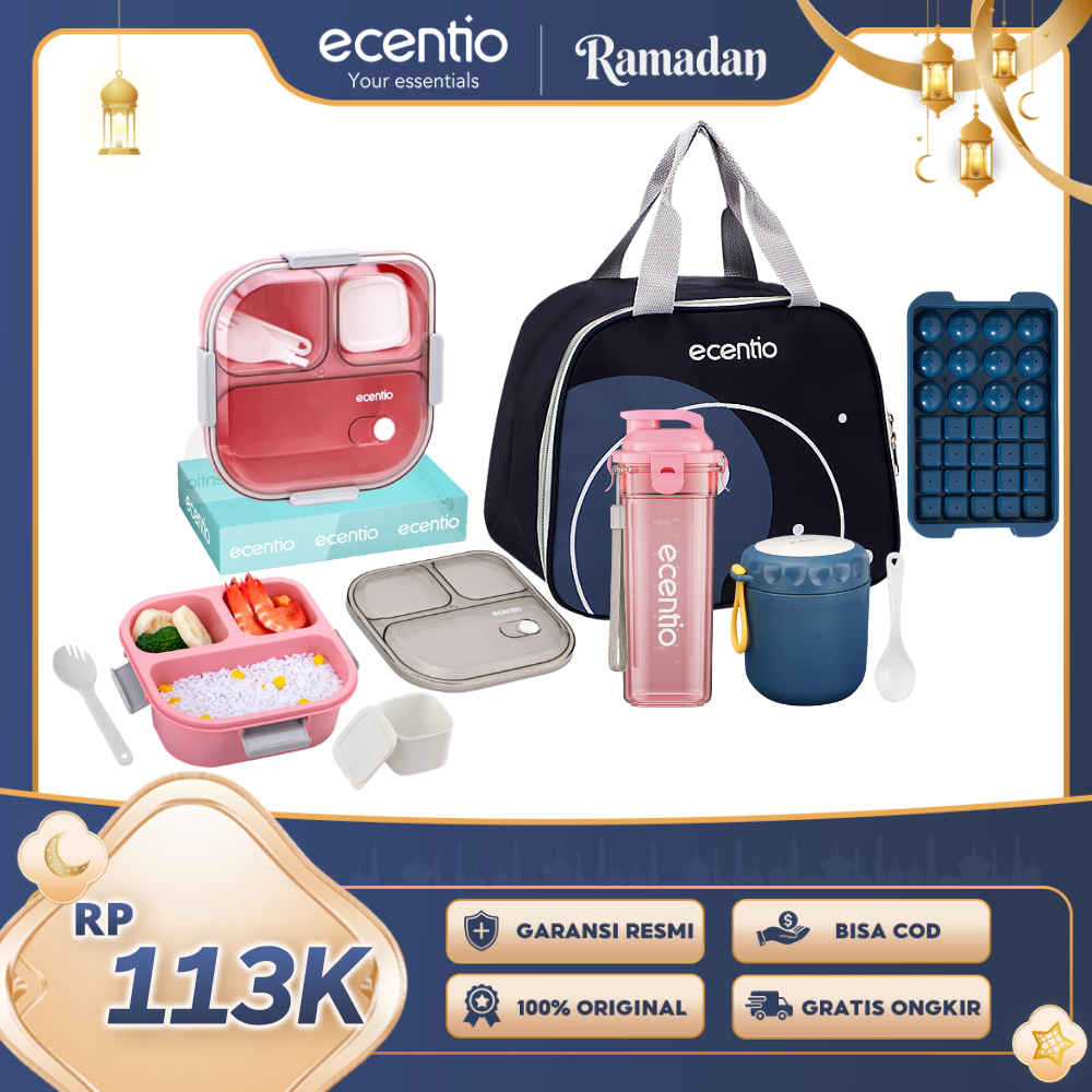 【Buy 1 Get 5】ecentio Bekal Set 5in1 — Lunch Box 3 Sekat 1100ml + Botol Infuser 500ml + Tas Bekal + Soup Cup+Ice Tray 32 Grid