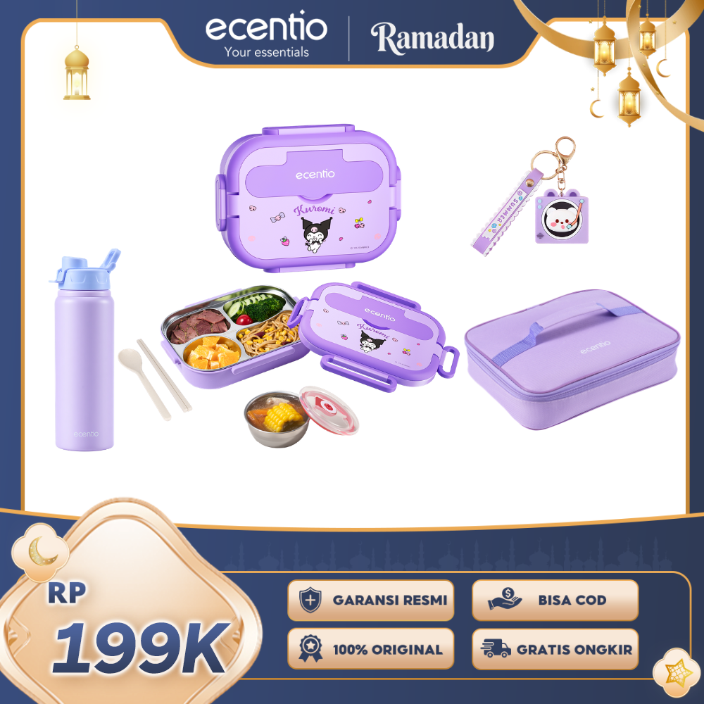 【ecentio Purple Aesthetic Bekal Set】ecentio Kotak Bekal 4 Grid Stainless Steel 304 1000ml Bento Box Kapasitas Besar Kedap & Anti Bocor Kotak Makan Khusus untuk Kerja & Sekolah Dilengkapi garpu & sendok