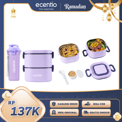 ecentio Purple Series Bekal Set — Lunch Box Stainless 2 Layer + 3 Pilihan Botol Minum