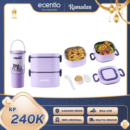 ecentio Purple Series Bekal Set — Lunch Box Stainless 2 Layer + 3 Pilihan Botol Minum