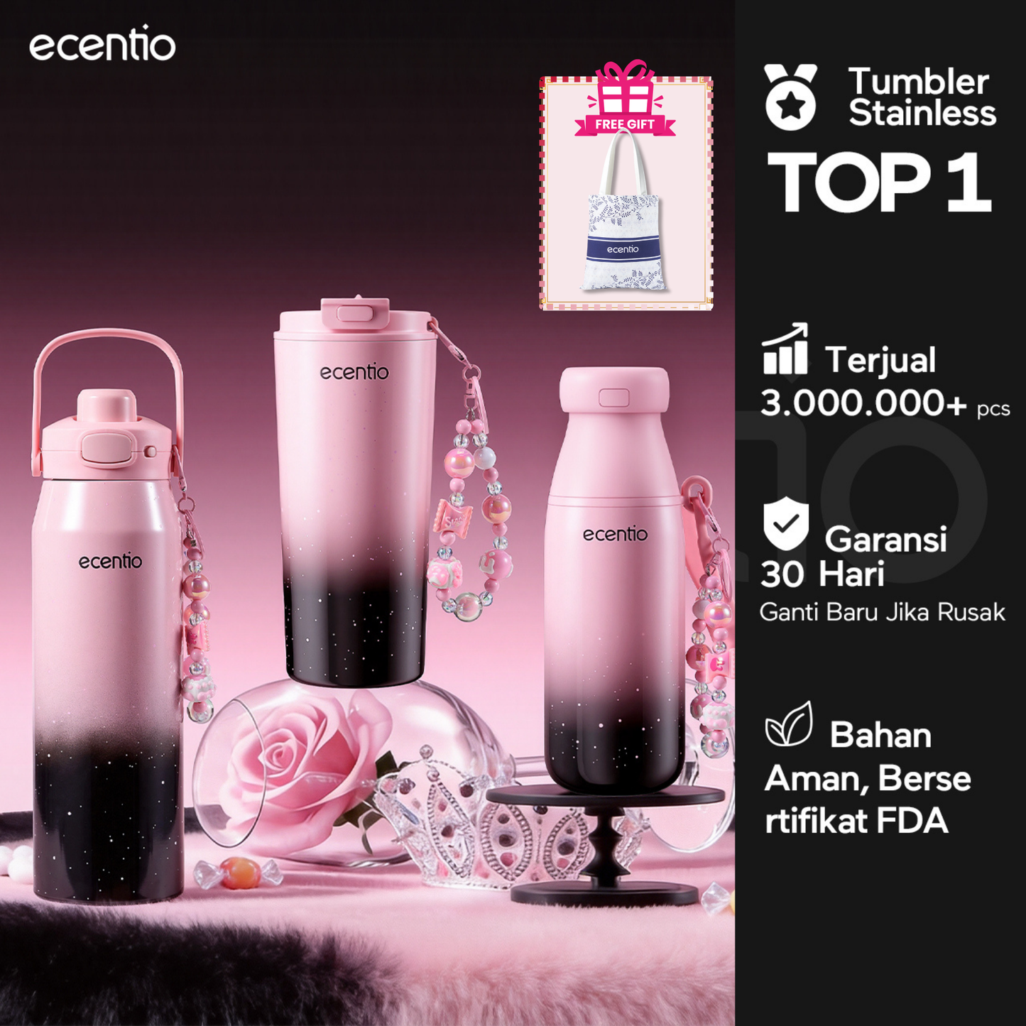 【Free gift】ecentio Tumbler Stainless BLACKPINK Portable Botol Minum Aesthetic Anti Bocor 510ml 530ml 1000ml Dingin Tahan Lama 24 Jam Hangat hingga 14 Jam Starry Gradient Series untuk Harian Kantor Sekolah