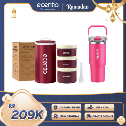 ecentio Ramadhan Pink Gift Set — Lunch Box Stainless 3pcs + Tas Makan + Tumbler