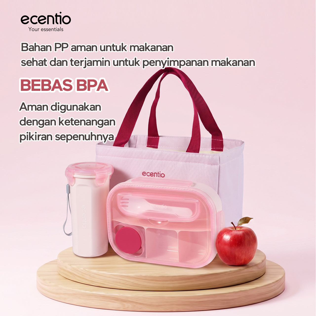 ecentio Lunch Box Anti Tumpah 1200ML + Botol Minum 500ML BPA Free Tempat Bekal Makan Anak Sekolah Kotak Makan Plastik Free Sendok & Kotak Saus Lunch Box Sekat Kedap Bocor Bekal Kerja