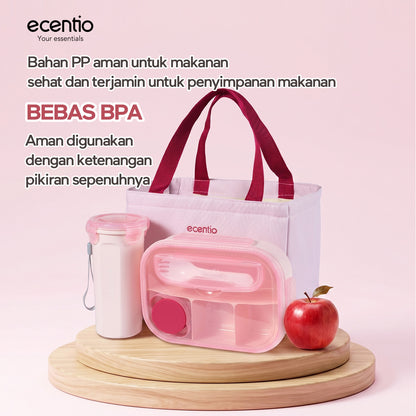 ecentio Lunch Box Anti Tumpah 1200ML + Botol Minum 500ML BPA Free Tempat Bekal Makan Anak Sekolah Kotak Makan Plastik Free Sendok & Kotak Saus Lunch Box Sekat Kedap Bocor Bekal Kerja