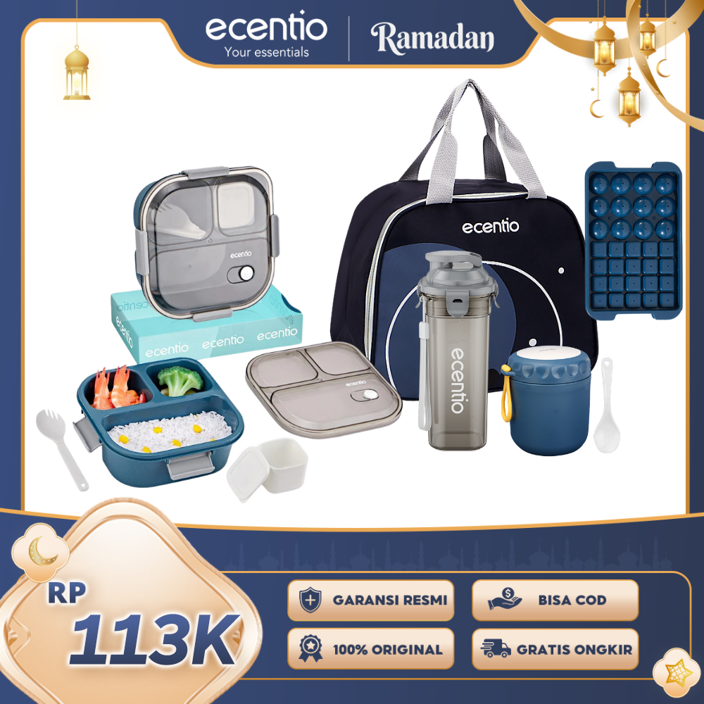 【Buy 1 Get 5】ecentio Bekal Set 5in1 — Lunch Box 3 Sekat 1100ml + Botol Infuser 500ml + Tas Bekal + Soup Cup+Ice Tray 32 Grid