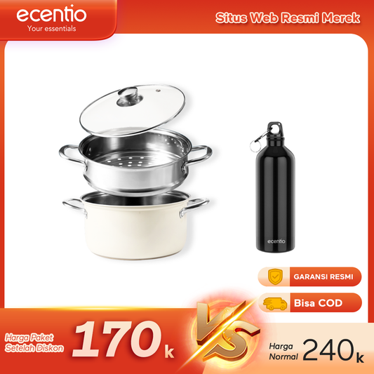 ecentio x Freemir Healthy Cooking Set — Steamer 24cm / Chopper 250ml/Lunch Box set/Botol Aluminium 750ml