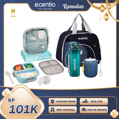 【Buy 1 Get 4】ecentio Bekal Set 4in1 — Lunch Box 3 Sekat 1100ml + Botol Infuser 500ml + Tas Bekal + Soup Cup
