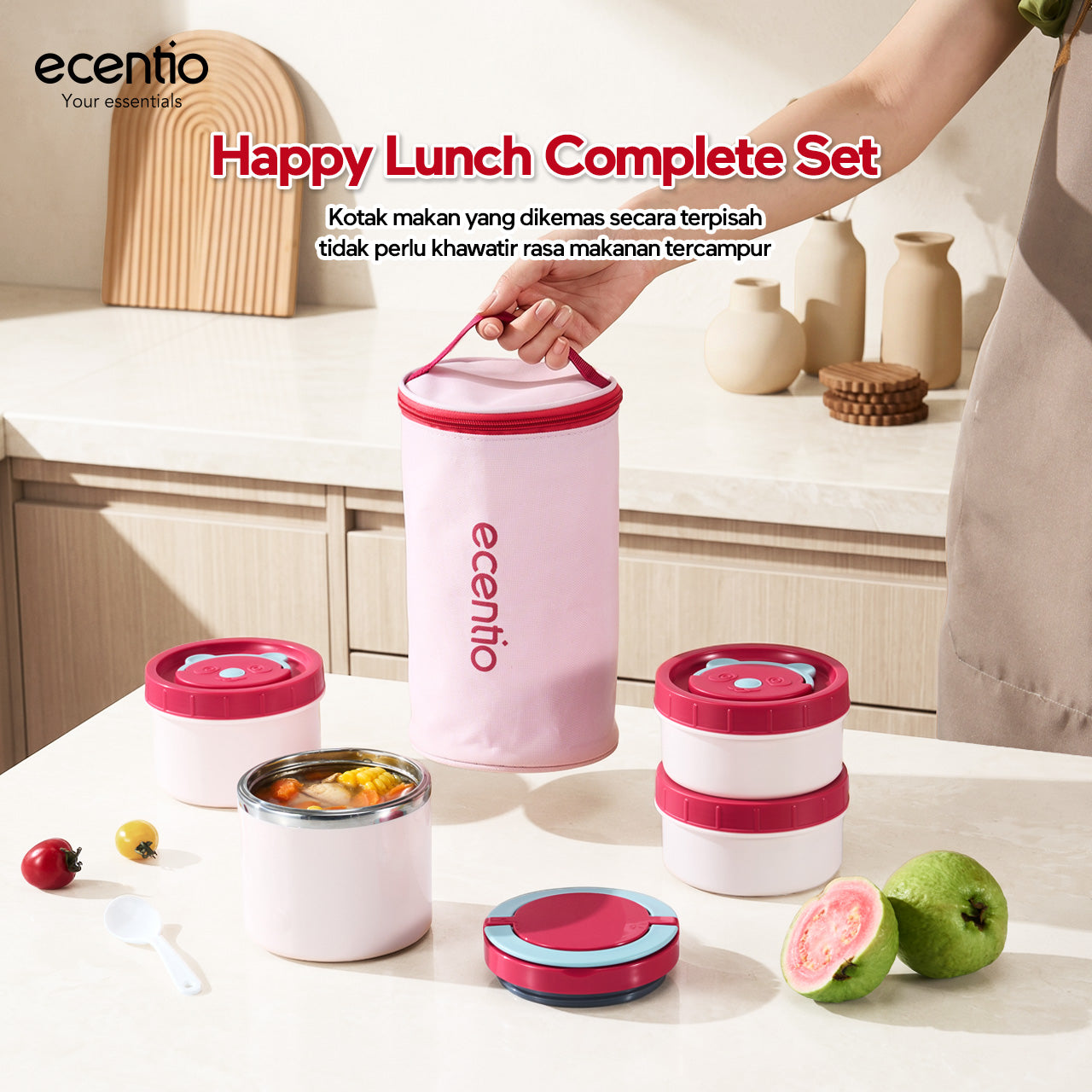 Pre- order ecentio Kotak Makan Lunch Box Set 3PCS 304 Stainless Steel Anti Bocor Anti Tumpah Bento Box Sekat Makanan dengan Tas Bekal Free Sendok BPA Free