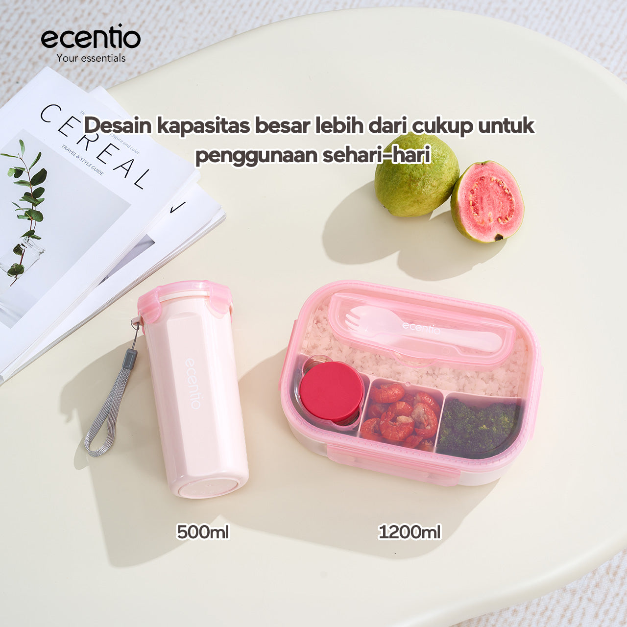 ecentio Lunch Box Anti Tumpah 1200ML + Botol Minum 500ML BPA Free Tempat Bekal Makan Anak Sekolah Kotak Makan Plastik Free Sendok & Kotak Saus Lunch Box Sekat Kedap Bocor Bekal Kerja