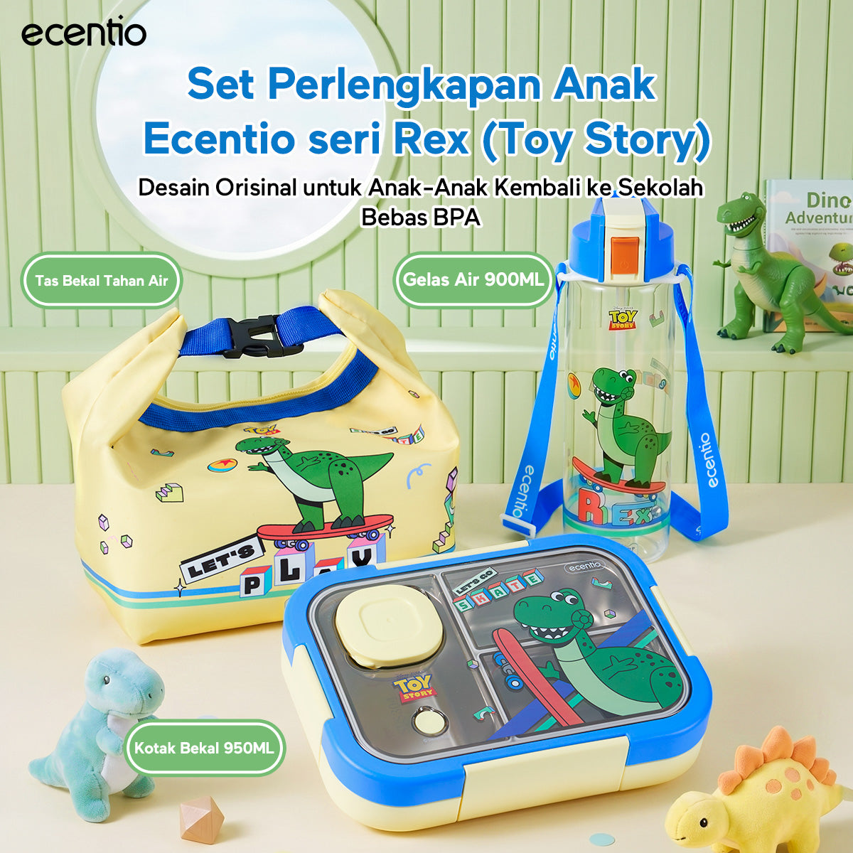 [Back To School] ecentio Kotak Makan Anak Rex Set Bekal Sekolah Toy story Lunch Box Stainless 750ml Botol Minum 900ml Tas Bekal BPA Free Tempat Makan Anak