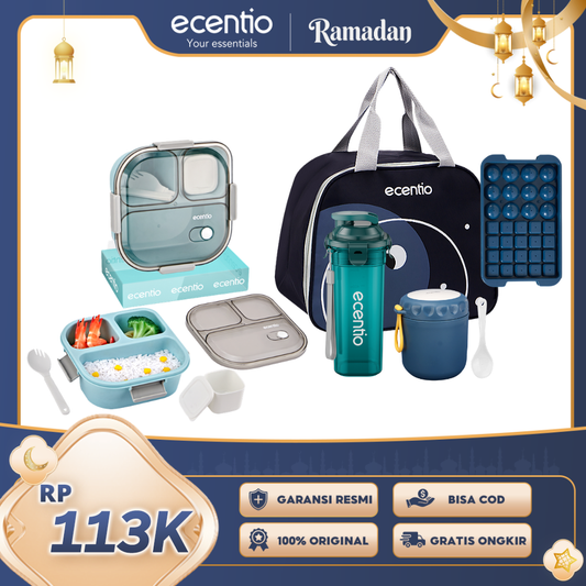 【Buy 1 Get 5】ecentio Bekal Set 5in1 — Lunch Box 3 Sekat 1100ml + Botol Infuser 500ml + Tas Bekal + Soup Cup+Ice Tray 32 Grid