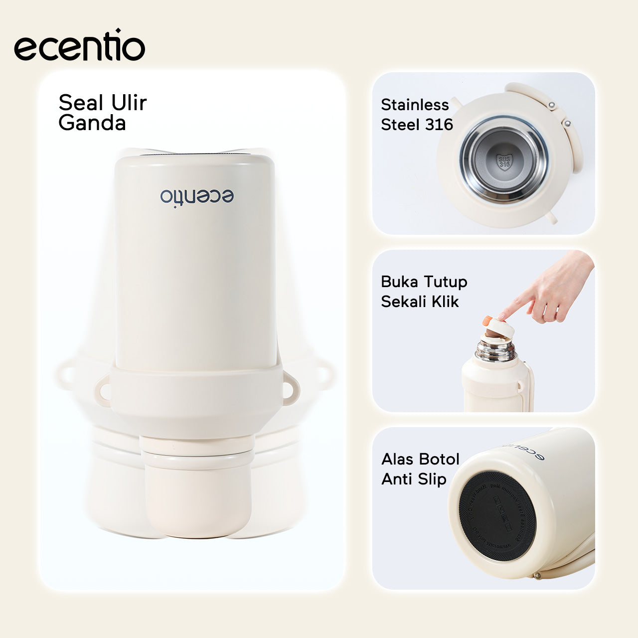 ecentio Termos Air Panas 316 Stainless Steel 1000ml Buka Sekali Tekan Tutup Kedap Udara Bisa Jadi Gelas Sharing Tahan Panas 11 Jam Dingin 24 Jam Desain Aesthetic Portabel Tahan Lama Cocok untuk Camping